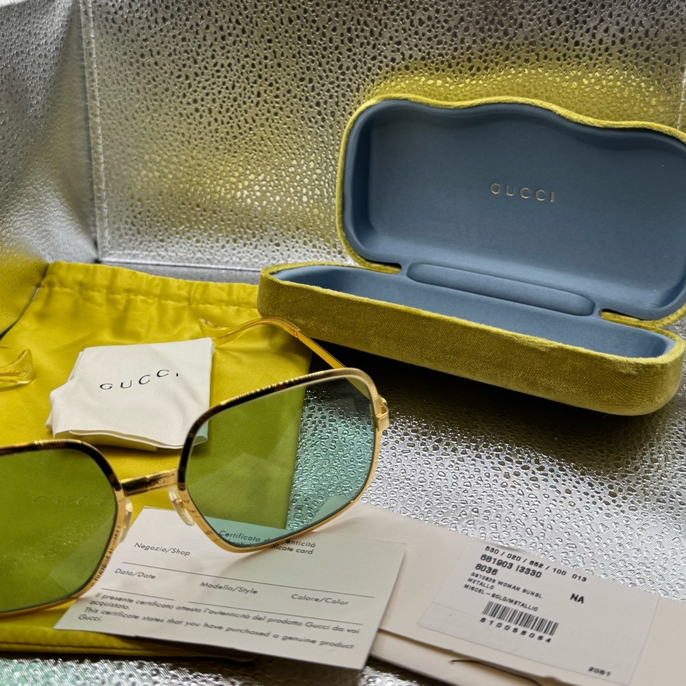 Gucci Gold and Green Sunglasses with Metal Frame